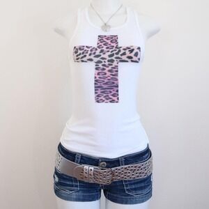 y2k pink leopard cross tank white ribbed baby tee